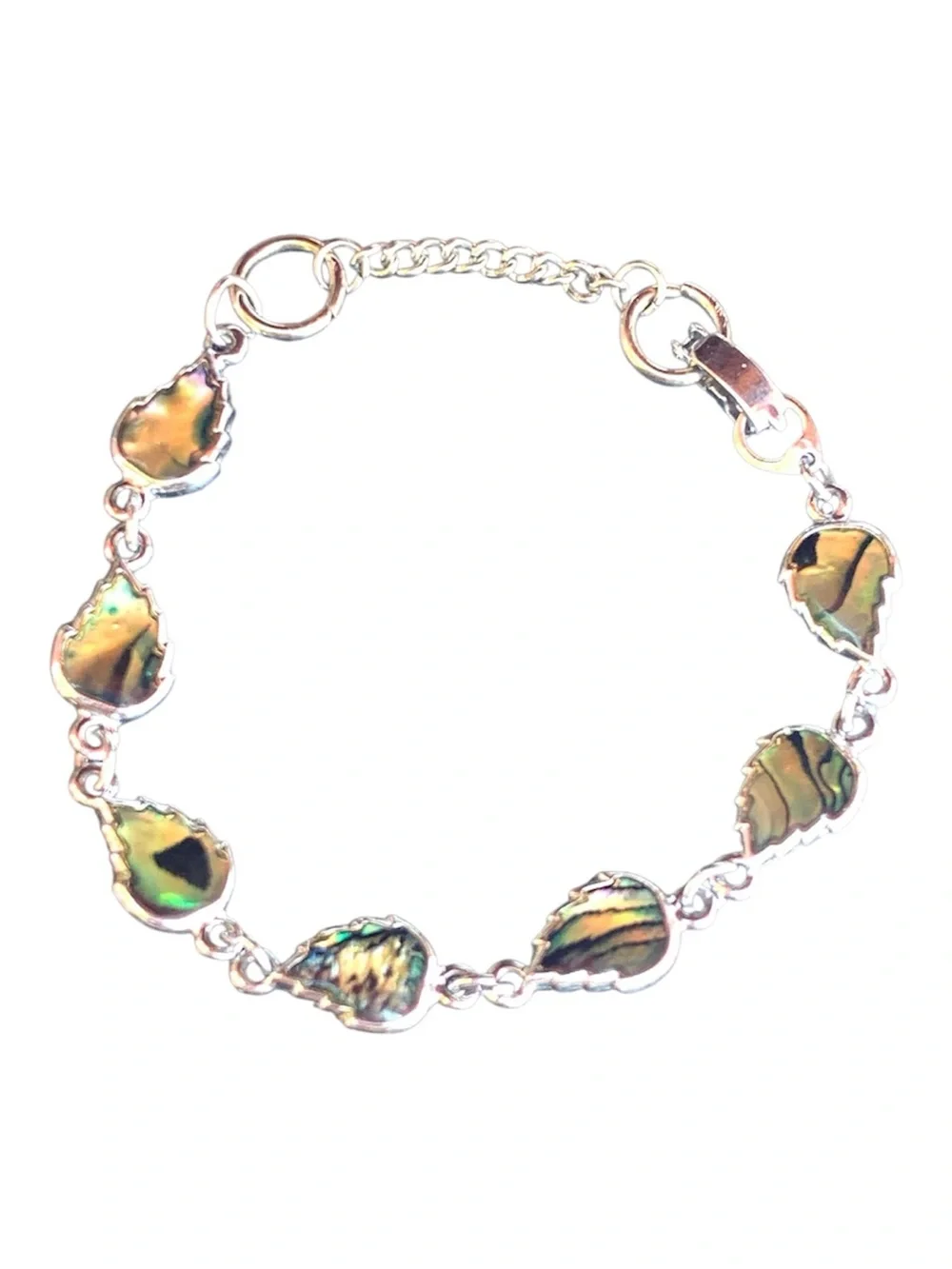 Silver Abalone Shell Teardrop Link Bracelet - Green Accent